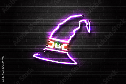 Vector realistic isolated neon sign of witch hat for decoration and covering on the wall background. Concept of Happy Halloween.