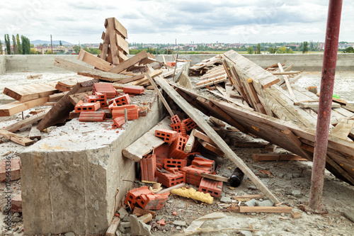 Construction waste on the roof of the house under construction