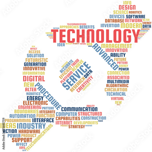 Technology Word Cloud Text Illustration in shape of a watch. Technology innovation keyword tags isolated vector. Transparent.
