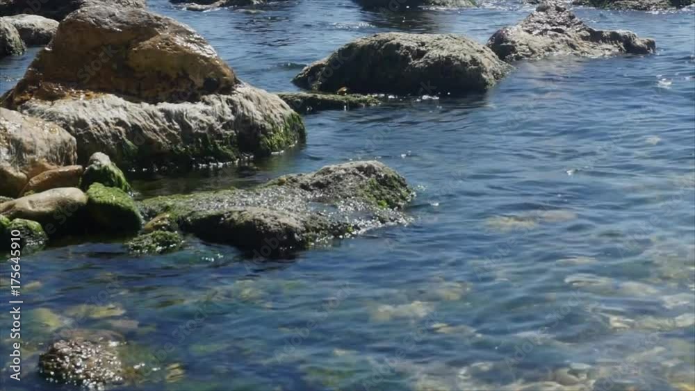 Boulders on the sea shore washed by clean waves on a sunny day Boulders on the sea shore washed by clean waves on a sunny day