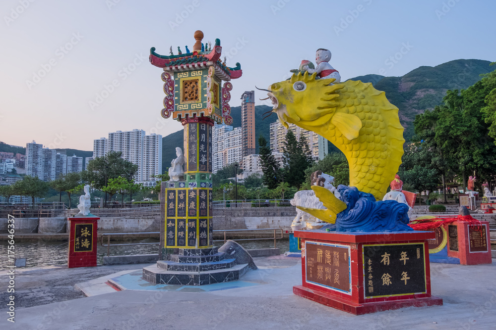 Colorful God statues are located at the Repulse Bay is a quaint Taoist temple which is popular for its colorful mosaic statues