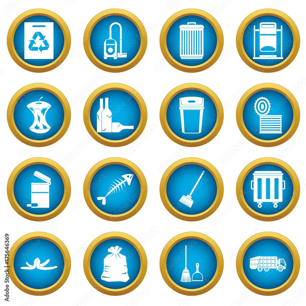 Garbage thing icons blue circle set