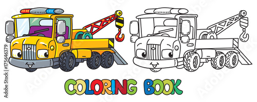 Funny small tow truck with eyes. Coloring book