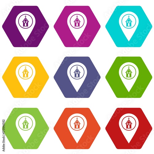 Map pointer with church icon set color hexahedron Free Download Map pointer with church icon set color hexahedron - GFXLoad