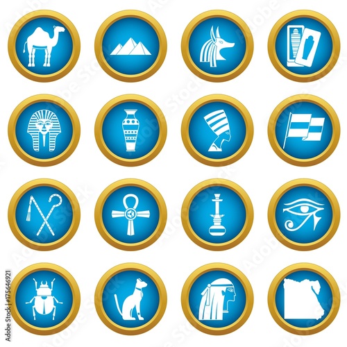 Egypt travel items icons blue circle set