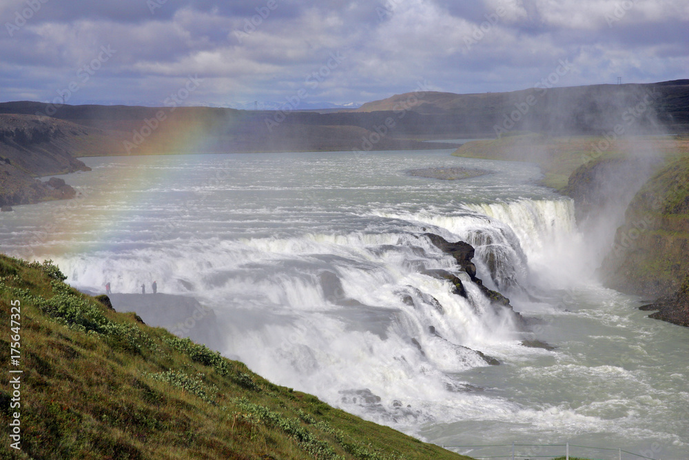 Gullfoss-waterfall at the Hvita-river in Iceland with rainbow in evening light - Iceland, Europe