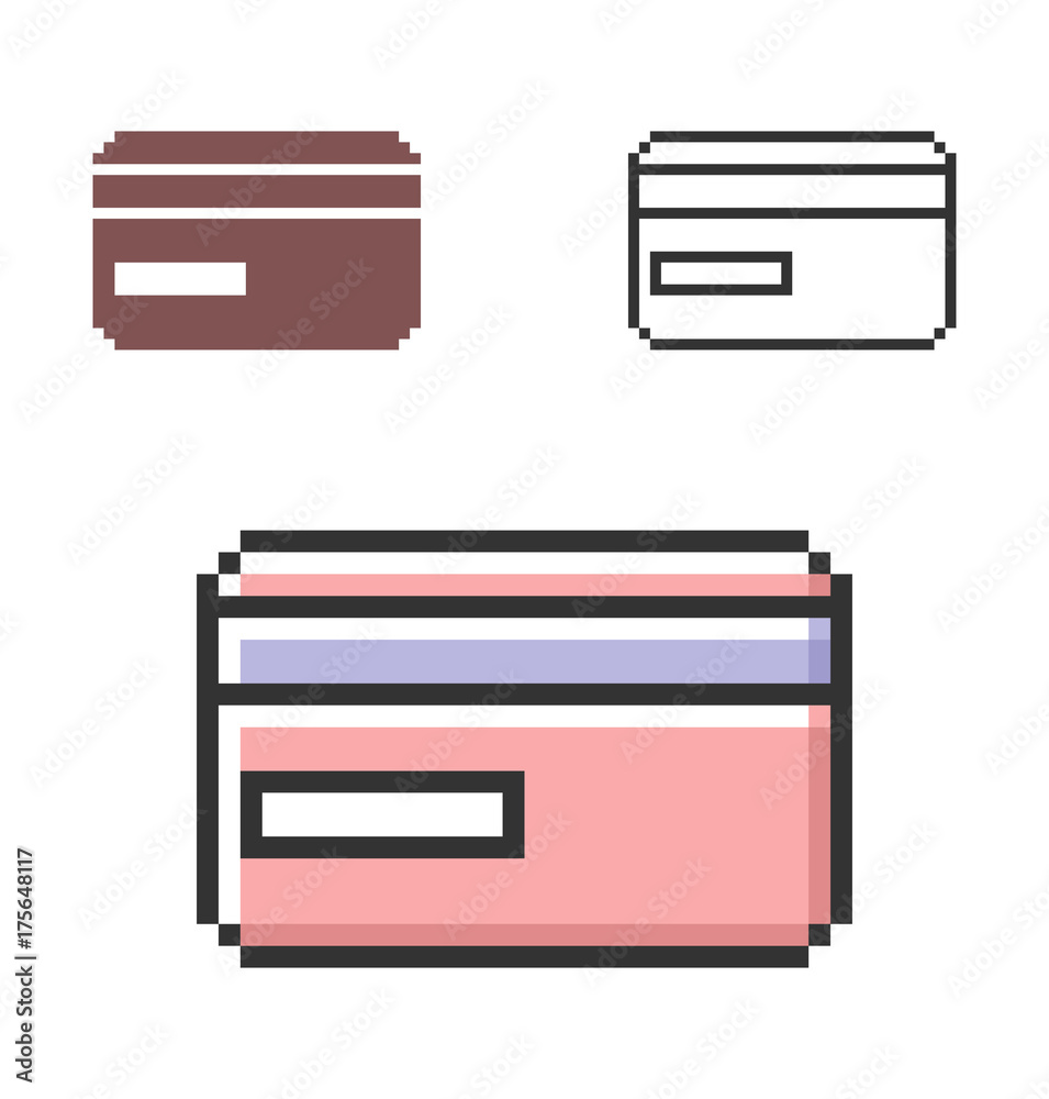 Pixel icon of bank card in three variants. Fully editable