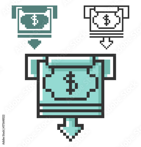Pixel icon of ATM cash withdrawal in three variants. Fully editable