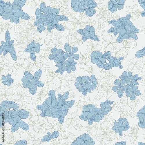 Seamless pattern with flowers on background. Wallpaper with flower texture. Green and blue on white background