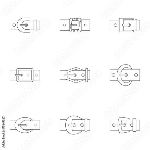 Fashion belt buckle icon set, outline style