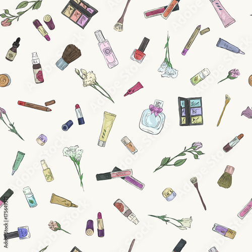 Hand drawn beauty and cosmetics items set. Seamless pattern background for design