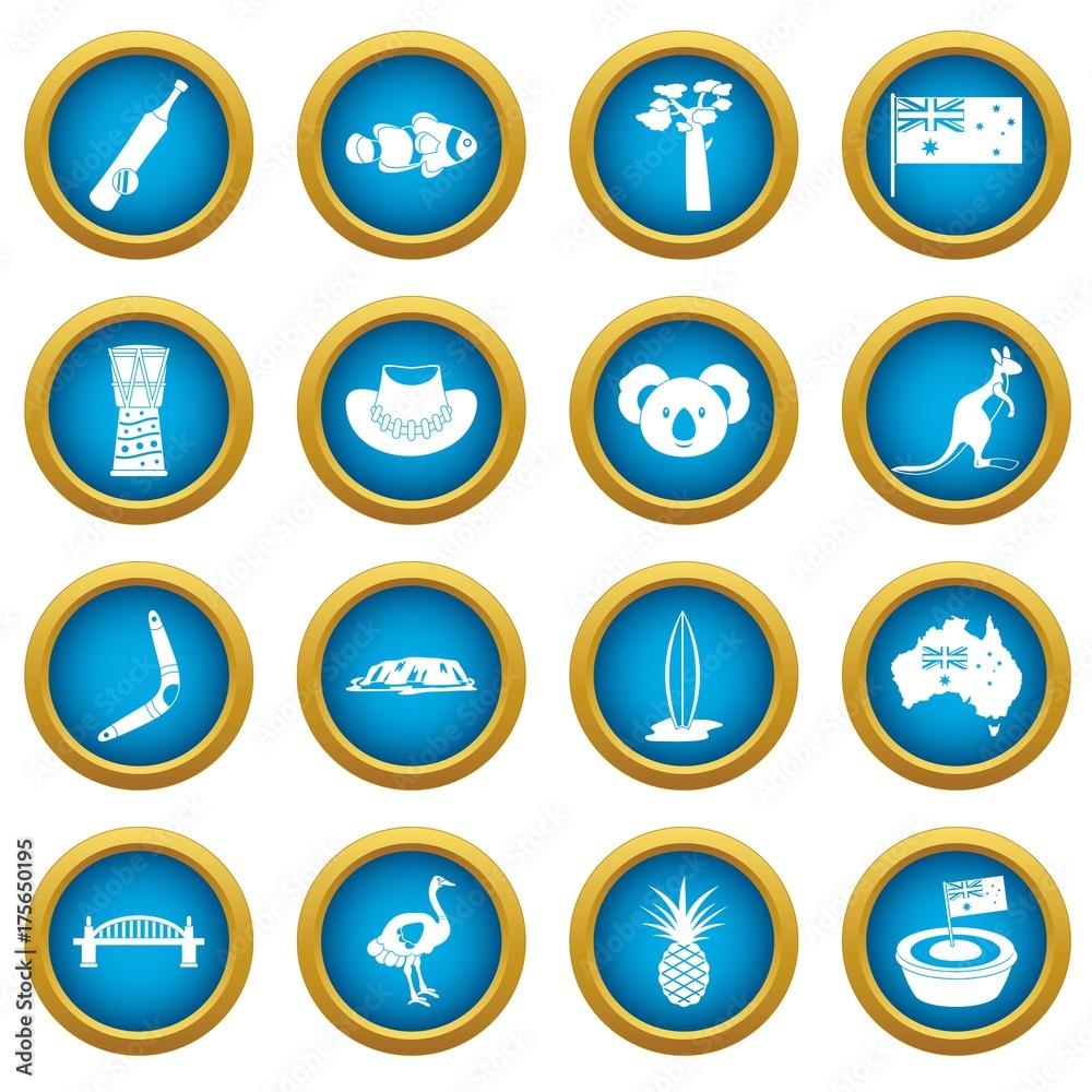 Australia travel icons blue circle set