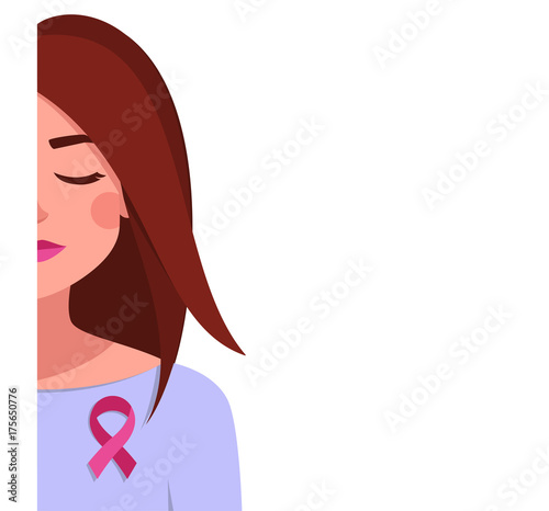 Poster girl with pink ribbon, card with place for text. Vector Breast Cancer Awareness. Girl Shows Solidarity. Pink Ribbon on Woman Breast. Vector Illustration Isolated from background