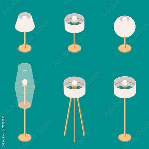 Set of Table and Floor Lamps in the Isometric. Vector Illustration Isolated from Background. illuminating equipment. lighting device. local lamp. 