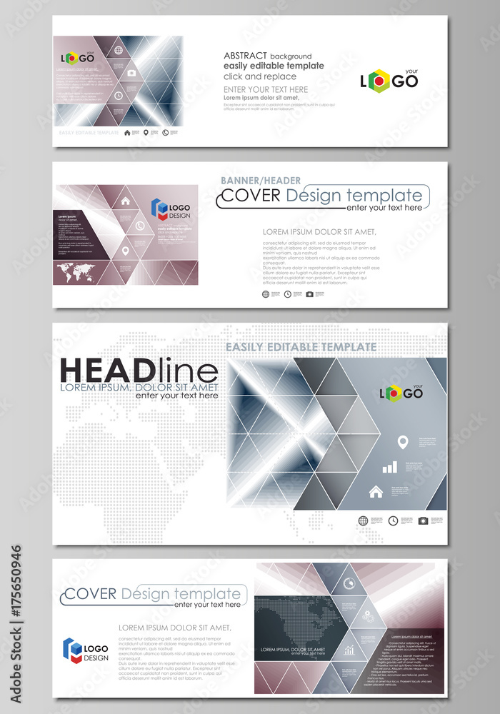 Social media and email headers set, modern banners. Business design templates. Vector layouts in popular sizes. Simple monochrome geometric pattern. Abstract polygonal style, stylish background.