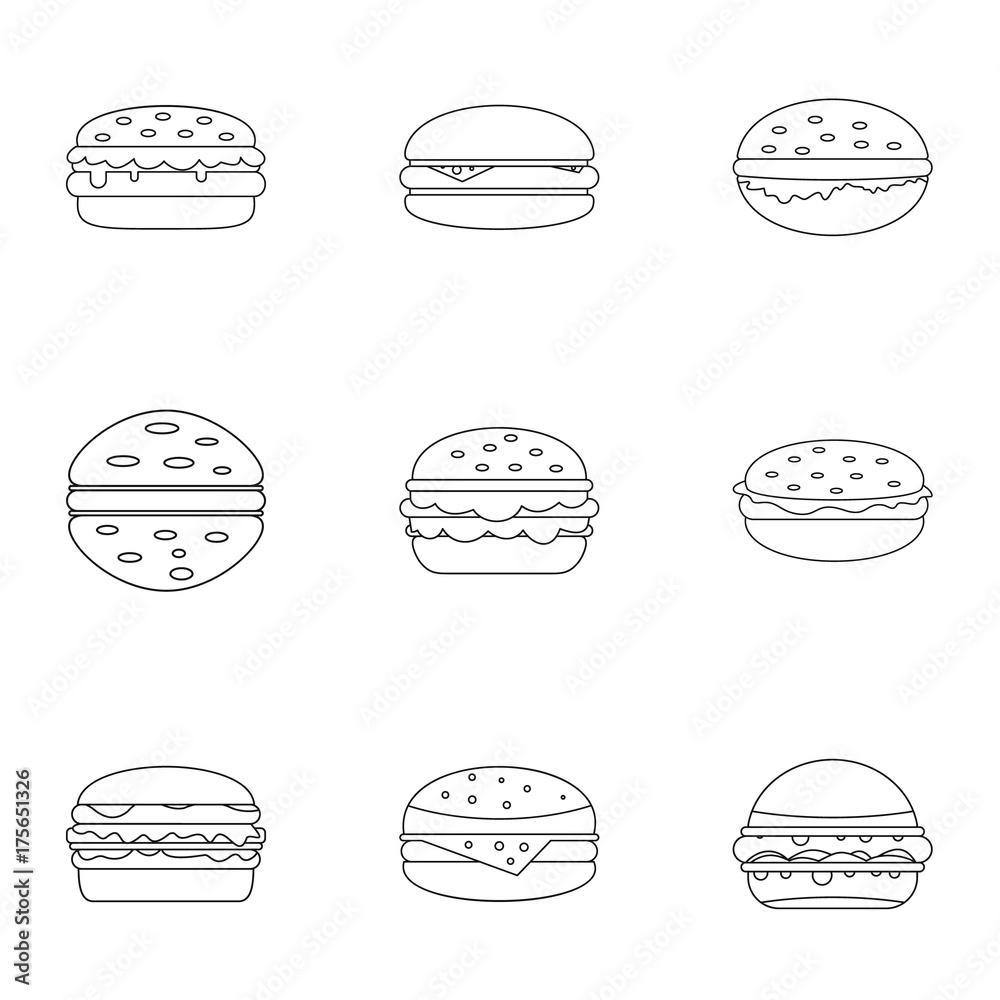 Cheeseburger food icon set, outline style Cheeseburger food icon set, outline style