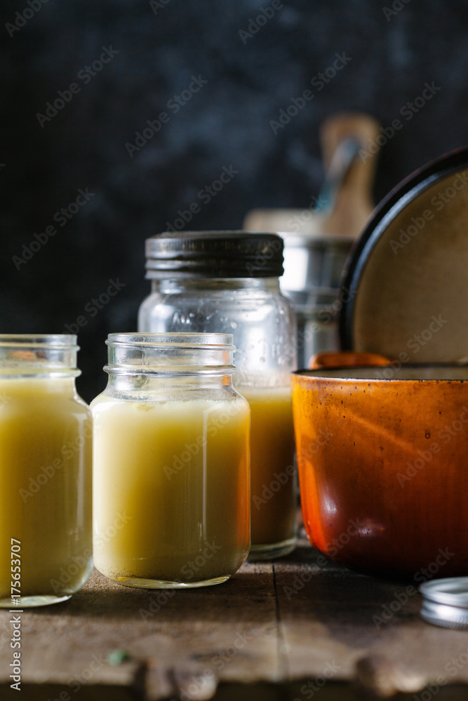 Jars of freshly made chicken bone broth. Jars of freshly made chicken bone broth.