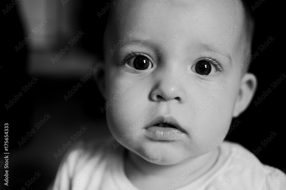 Black and white portrait of a one year old baby Black and white portrait of a one year old baby