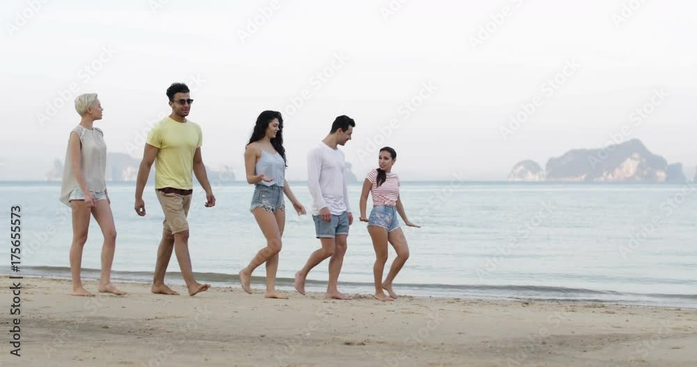 People Walking On Beach Talking, Young Tourists Group Communication Slow Motion 60 People Walking On Beach Talking, Young Tourists Group Communication Slow Motion 60