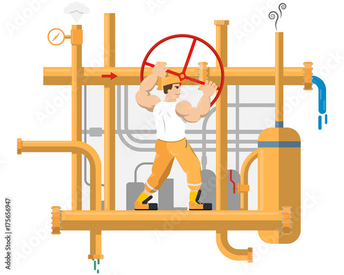 The worker blocks strong pressure in the pipes. Vector illustration
