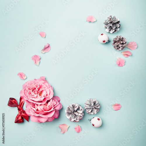 Christmas decorations set with roses, flatlay with copy space