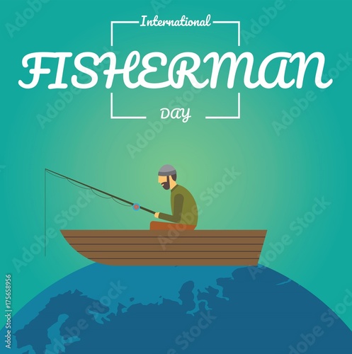 International Fisherman Day. Fisherman sitting in the boat conceptual illustration vector.