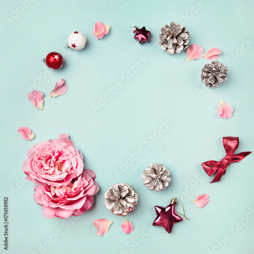 Christmas decorations set with roses, flatlay with copy space