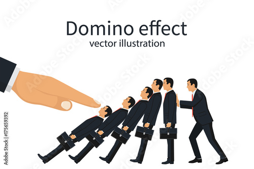 Domino effect concept. Big hand pushes businessmen standing in row. Human stops fall. Stopping chain reaction intervention. Vector illustration flat design. Isolated on white background.