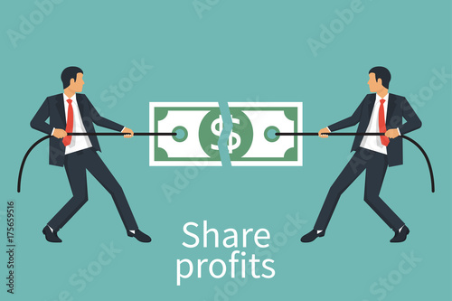 Two businessman conflict share profit, tearing money in half.Torn dollar banknote in hands. Finance loss. Break bill. Ripped cash. Vector illustration flat design. Isolated on white background.