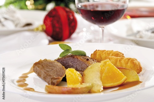 Roast goose-breast, potato croquettes, stewed apples and oranges