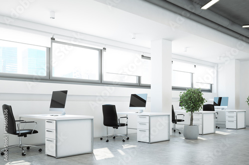 Open space office, a tree, white walls