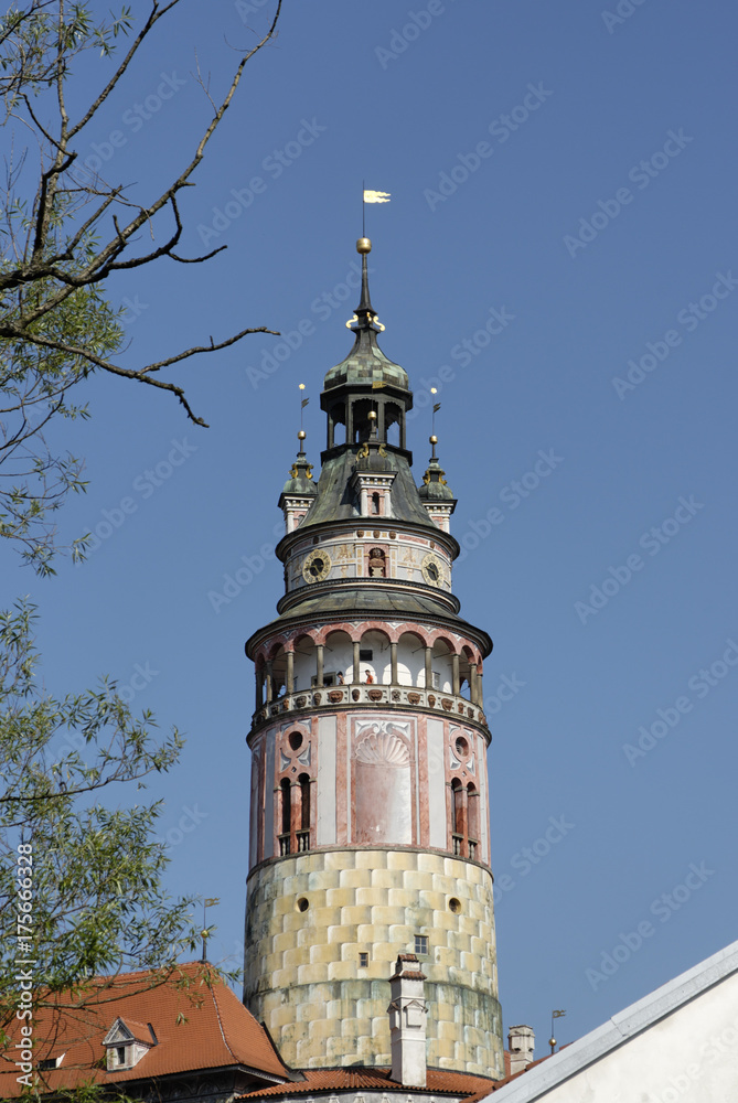 Cesky Krumlov Krumau at the Moldau Vltava Bohemian Forest Sumava Czech Republik castle with tower