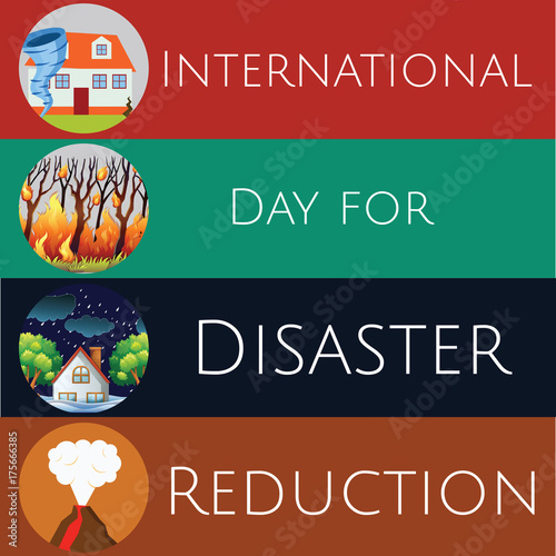 International Day for Disaster Reduction, 13 October. Cyclone, volcano, fire, natural disaster conceptual illustration vector.