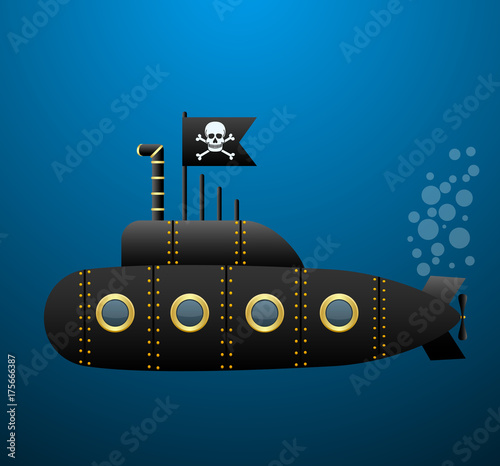 Black pirate submarine under the water . Jolly Roger flag. Cartoon style. Vector Image.