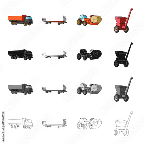 Truck, trailer for hay, tractor with a roll of hay, mobile chopper. Different types of agricultural machinery set collection icons in cartoon black monochrome outline style vector symbol stock