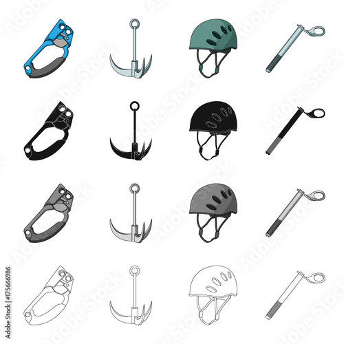 Climbing helmet, clamp,crampon, safety wedge. Climbing equipment set collection icons in cartoon black monochrome outline style vector symbol stock Isometric illustration web.