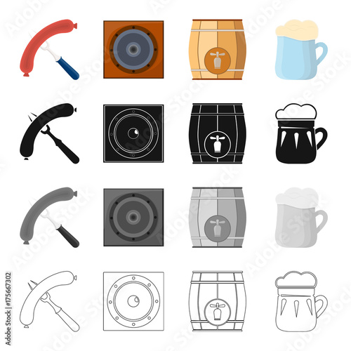 Sausage on the fork, musical speaker in the pub, wooden barrel with beer, beer mug. Pab and party set collection icons in cartoon black monochrome outline style vector symbol stock illustration web.