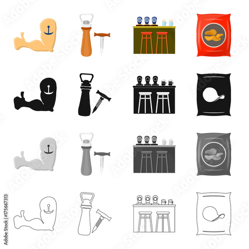 A hand with a tattoo, an opener and a corkscrew, a bar counter in the pub, a bag of chips. Pub and party set collection icons in cartoon black monochrome outline style vector symbol stock illustration