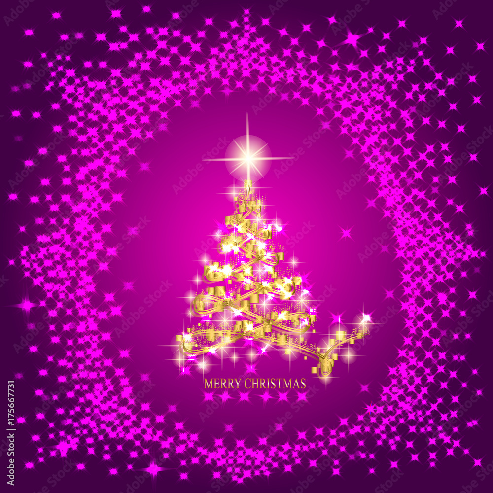 Abstract background with gold christmas tree and stars. Illustration in lilac and gold colors. Abstract background with gold christmas tree and stars. Illustration in lilac and gold colors.