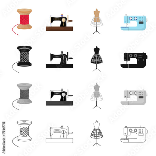 Manual sewing machine, thread reel, dummy on the stand, electric machine. Atelier and sewing set collection icons in cartoon black monochrome outline style vector symbol stock illustration isometric