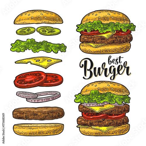 Burger with flying ingredients on white background. Vector black vintage engraving