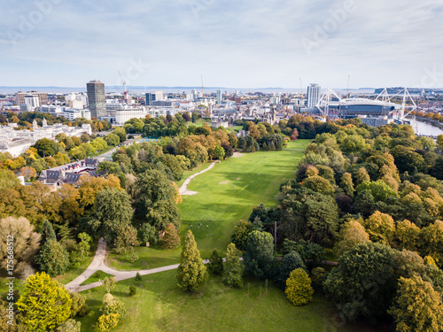 Cardiff's Bute Park in the autumn viewed from the air photo