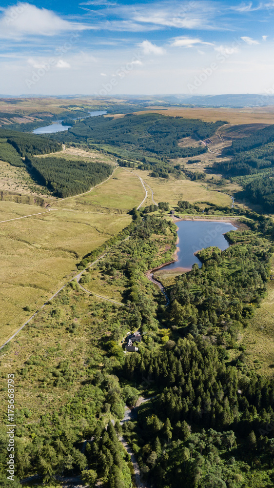 Aerial view of upland reservoirs and lakes in a rural area