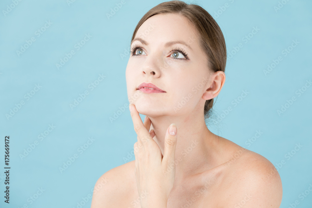 portrait of attractive woman beauty image on blue background portrait of attractive woman beauty image on blue background