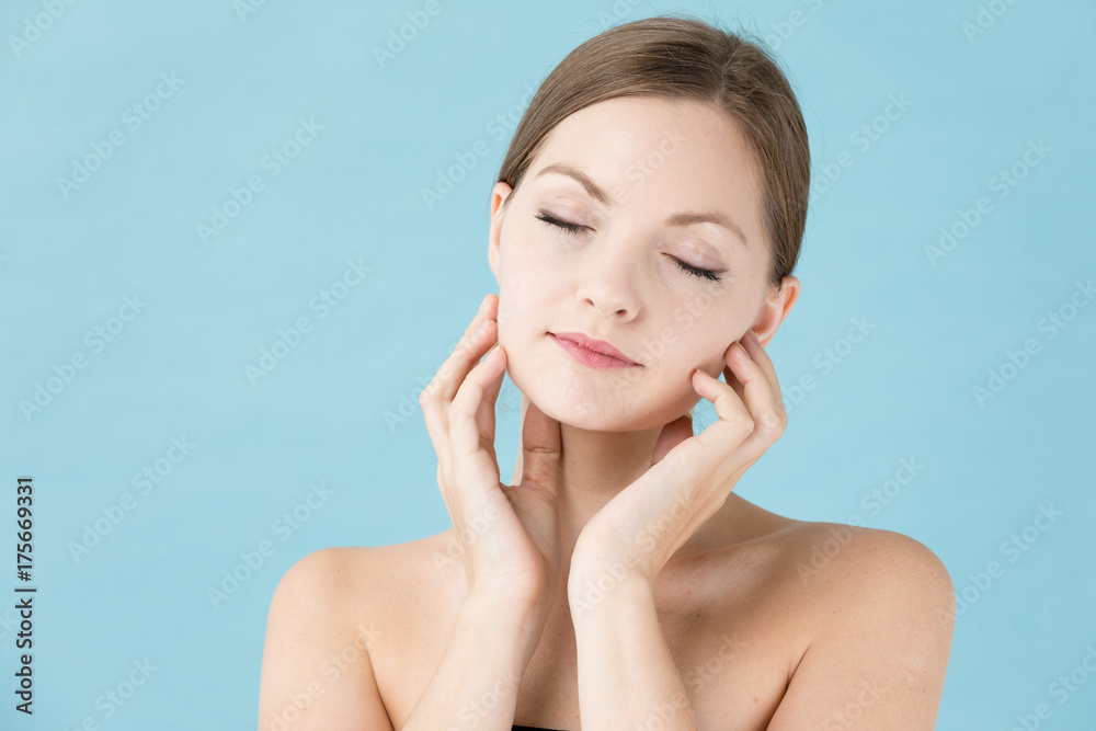 portrait of attractive woman beauty image on blue background portrait of attractive woman beauty image on blue background