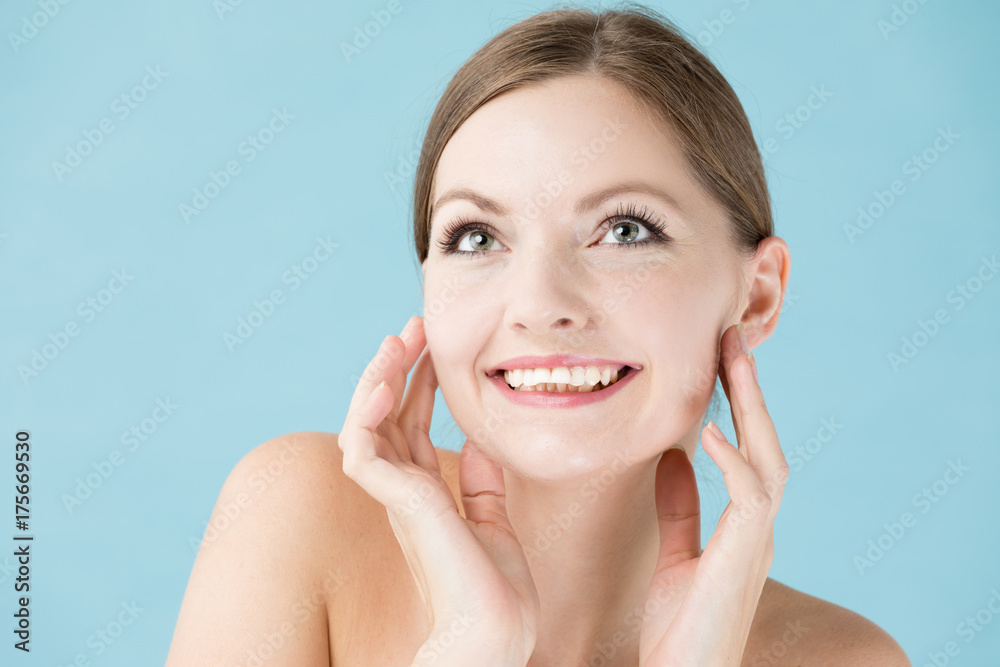 portrait of attractive woman beauty image on blue background portrait of attractive woman beauty image on blue background