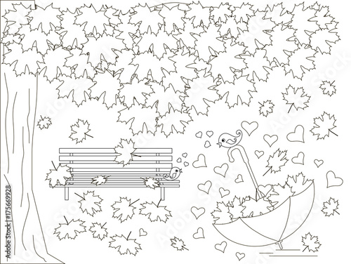 Monochrome romantic background with maple tree, bench, falling maple leaves, umbrella, loving birds, coloring book anti stress stock vector illustration