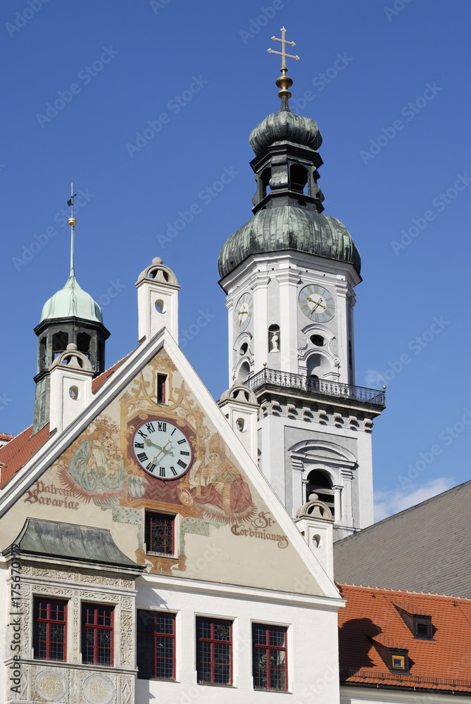 Freising Upper Bavaria Germany Marienplatz gable of the city hall in front of the tower of the parish church St Georg