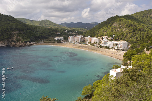 Bay with hotels near by Cala san Vincente, Ibiza, Baleares, Spain, Europe