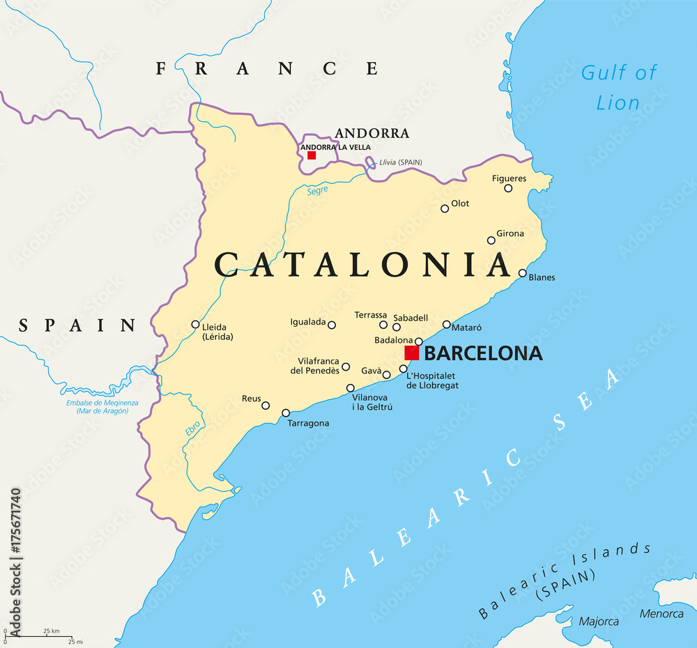 Independent Catalonia political map on the northeastern extremity of Iberian Peninsula. With capital Barcelona, borders and important cities. English labeling. Illustration. Vector.